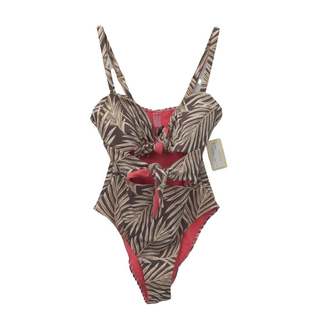 Crescent Drive Cut Out One Piece Swimsuit XS Palm‎ Leaves Brown Tan New
